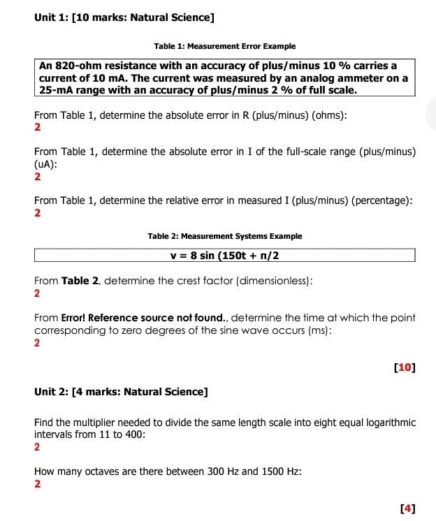 Unit 1 10 Marks Natural Science Table 1 Measurement Error Example An 820 Ohm Resistance With An Accuracy Of Plus Mi 1