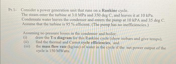Pr L Consider A Power Generation Unit That Runs On A Rankine Cycle The Steam Enter The Turbine At 3 0 Mpa And 350 Deg 1