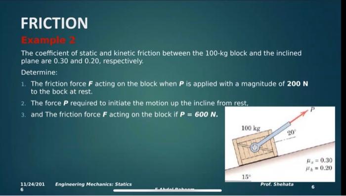 Friction Example The Coefficient Of Static And Kinetic Friction Between The 100 Kg Block And The Inclined Plane Are 0 30 1