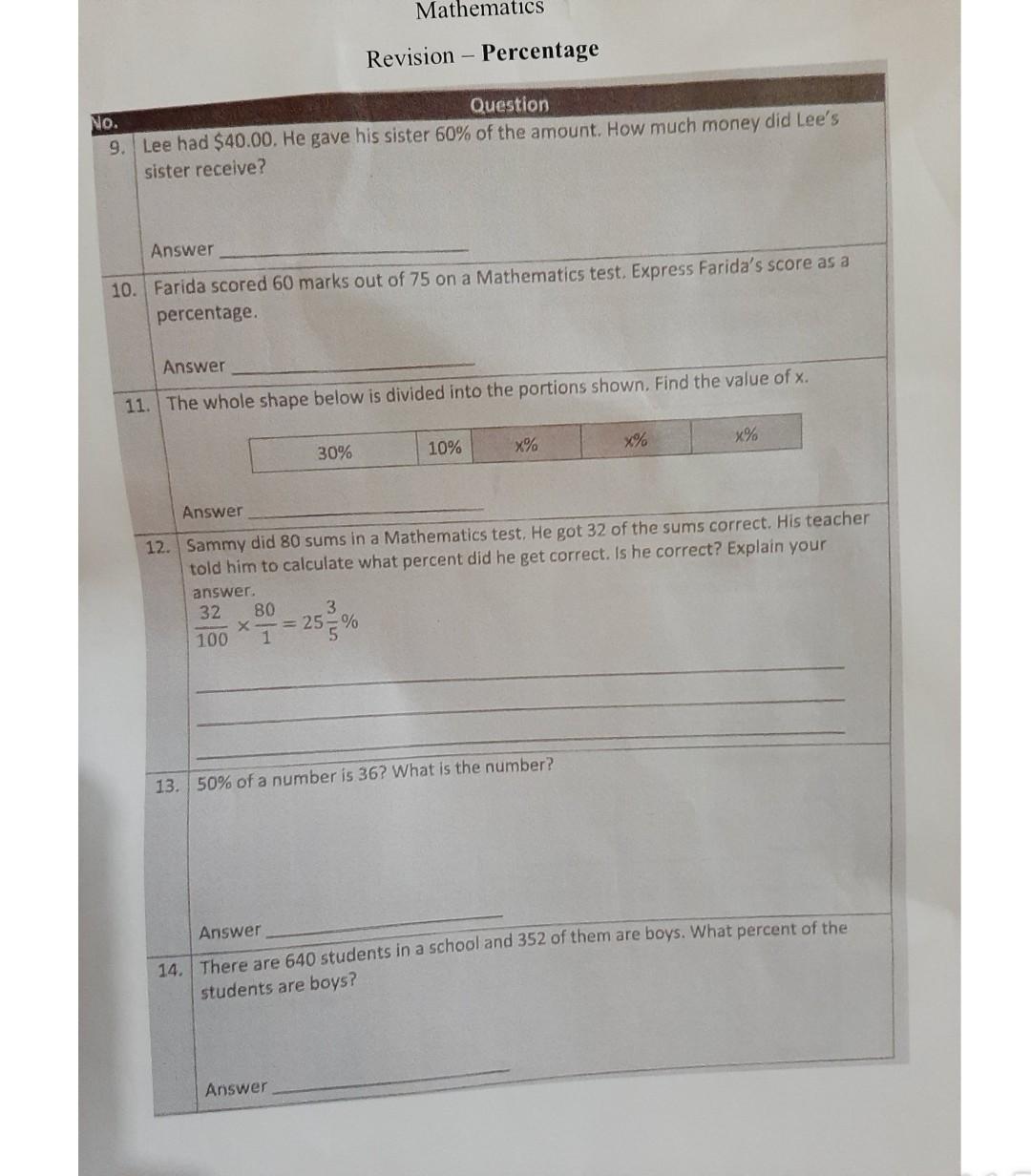 Mathematics Revision Percentage No Question 9 Lee Had 40 00 He Gave His Sister 60 Of The Amount How Much Money D 1