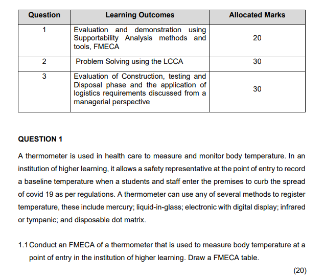 Question Allocated Marks 1 20 2 Learning Outcomes Evaluation And Demonstration Using Supportability Analysis Methods And 1