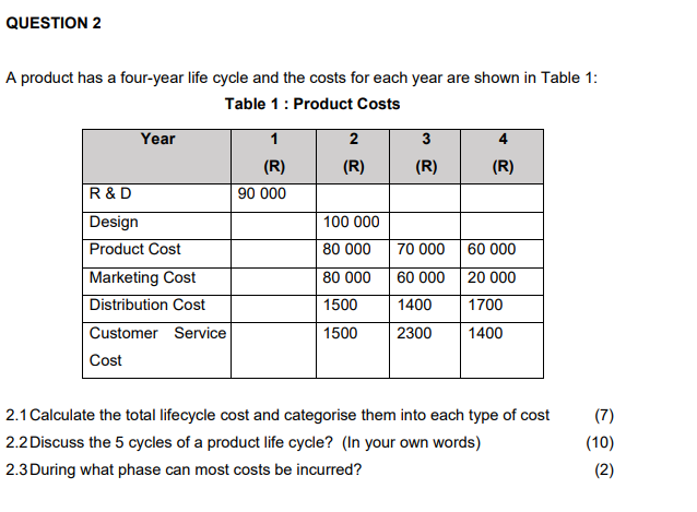 Question 2 R A Product Has A Four Year Life Cycle And The Costs For Each Year Are Shown In Table 1 Table 1 Product 1