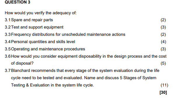 Question 3 4 How Would You Verify The Adequacy Of 3 1 Spare And Repair Parts 2 3 2 Test And Support Equipment 3 1