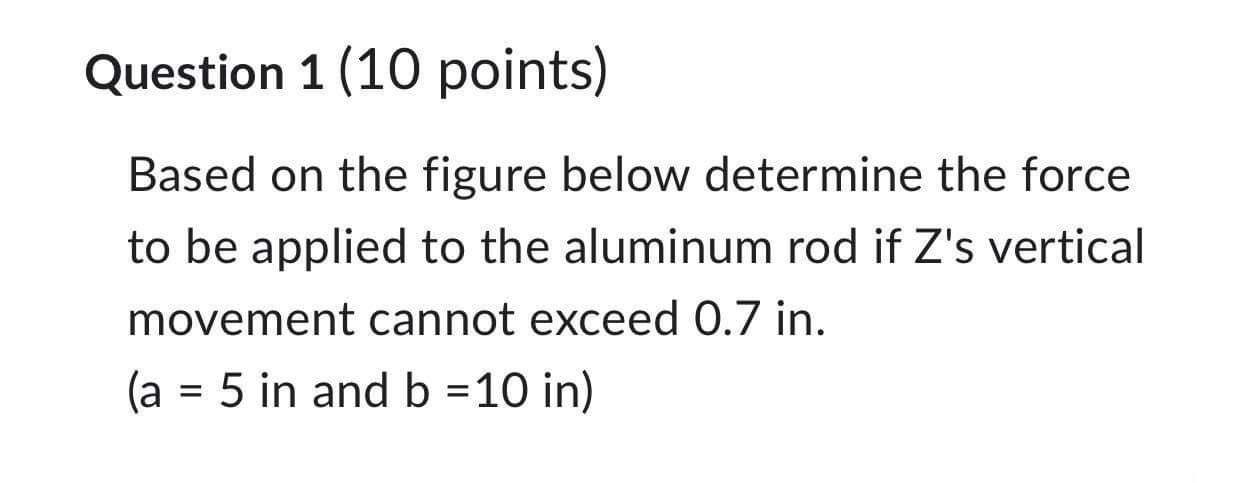 Question 1 10 Points Based On The Figure Below Determine The Force To Be Applied To The Aluminum Rod If Z S Vertical M 1