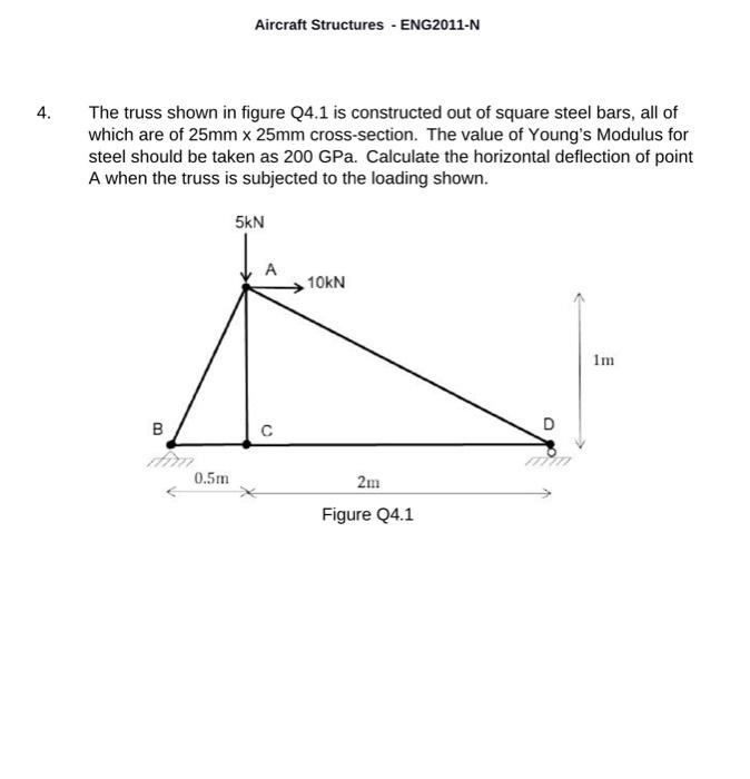 Aircraft Structures Eng2011 N 4 The Truss Shown In Figure Q4 1 Is Constructed Out Of Square Steel Bars All Of Which 1