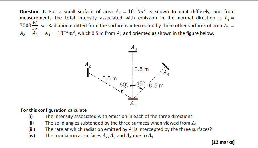 Question 1 For A Small Surface Of Area A1 10 3m2 Is Known To Emit Diffusely And From Measurements The Total Intens 1