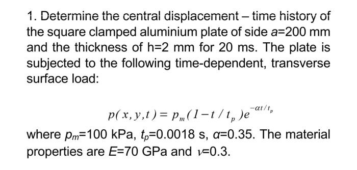 1 Determine The Central Displacement Time History Of The Square Clamped Aluminium Plate Of Side A 200 Mm And The Thic 1
