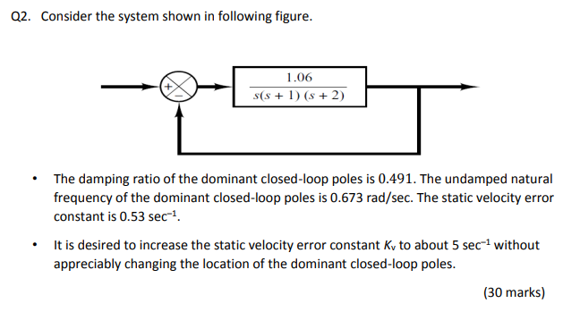 Q2 Consider The System Shown In Following Figure 1 06 S 1 3 2 The Damping Ratio Of The Dominant Closed Loop P 1