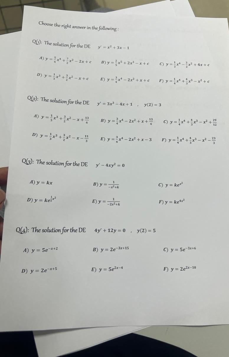Choose The Right Answer In The Following 061 The Solution For The De Y X 3x 1 2x C B Y X 2x X C Y 1