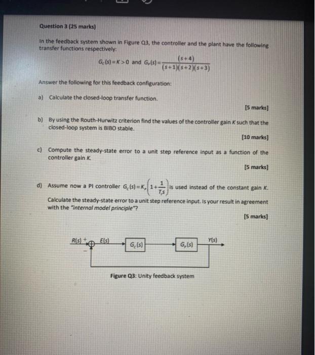 E Question 3 25 Marks In The Feedback System Shown In Figure Q3 The Controller And The Plant Have The Following Trans 1
