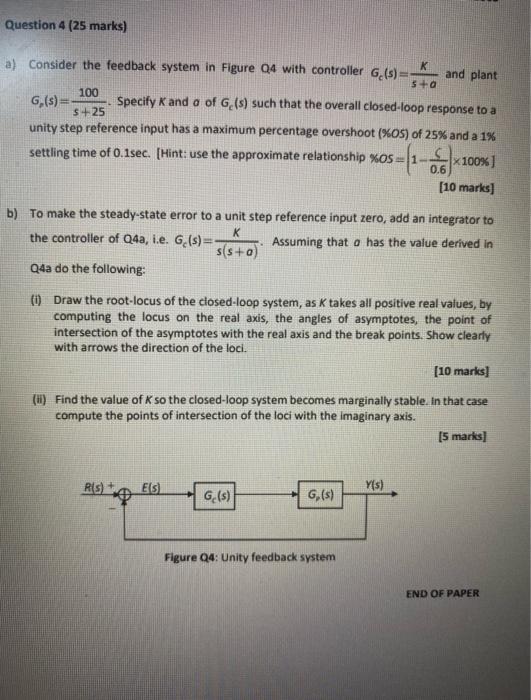 Question 4 25 Marks And Plant A Consider The Feedback System In Figure 04 With Controller G S K 5 100 G S Spec 1