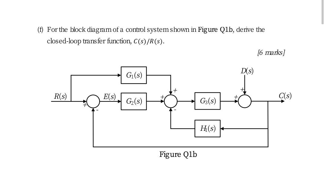 F For The Block Diagram Of A Control System Shown In Figure Qlb Derive The Closed Loop Transfer Function C S R S 1