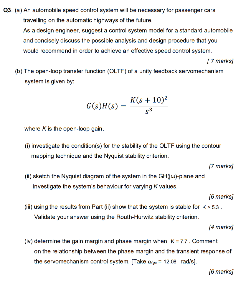 Q3 A An Automobile Speed Control System Will Be Necessary For Passenger Cars Travelling On The Automatic Highways Of 1