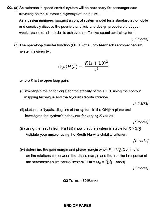 Q3 A An Automobile Speed Control System Will Be Necessary For Passenger Cars Travelling On The Automatic Highways Of 1