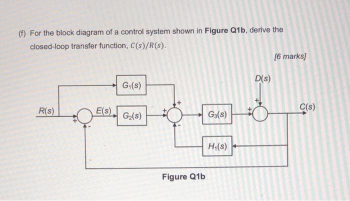 F For The Block Diagram Of A Control System Shown In Figure Q1b Derive The Closed Loop Transfer Function C S R S 1
