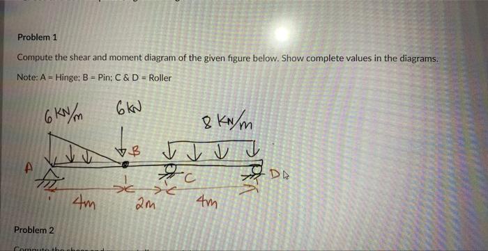 Problem 1 Compute The Shear And Moment Diagram Of The Given Figure Below Show Complete Values In The Diagrams Note A 2