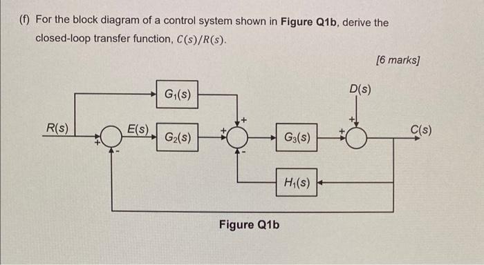 1 For The Block Diagram Of A Control System Shown In Figure Q1b Derive The Closed Loop Transfer Function C S R S 1