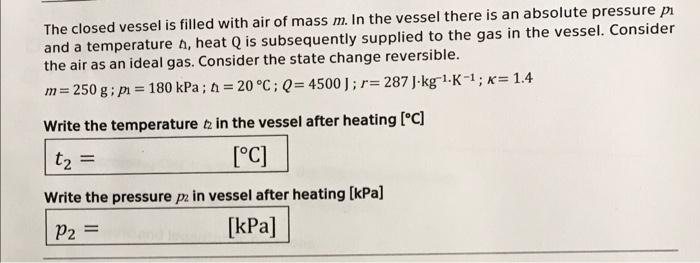 The Closed Vessel Is Filled With Air Of Mass M In The Vessel There Is An Absolute Pressure Pi And A Temperature Hea 1
