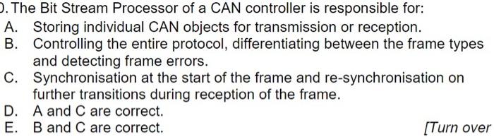 The Bit Stream Processor Of A Can Controller Is Responsible For A Storing Individual Can Objects For Transmission Or 1