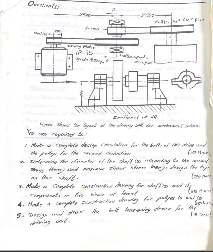 Question 1 A 2500 2500 Shoff 3 N3 100 R P M D 250 Shaflor 250 Driving Motor Ip 75 Speed 1600 Rpm Shaft 2 1