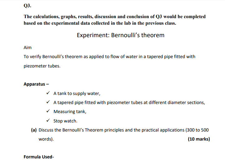 Q3 The Calculations Graphs Results Discussion And Conclusion Of Q3 Would Be Completed Based On The Experimental Data 1