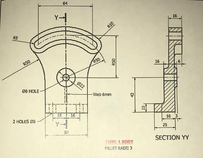 64 16 T R10 R5 Rso R50 16 Rso 022 O8 Hole Web 6mm 42 Tht 16 16 2 Holes Os 16 3 T 25 50 Section Yy Teem Body Fallet Ra 1