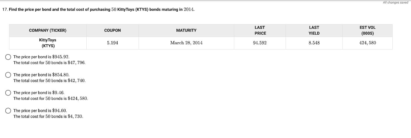 All Changes Saved 17 Find The Price Per Bond And The Total Cost Of Purchasing 50 Kitty Toys Ktys Bonds Maturing In 20 1