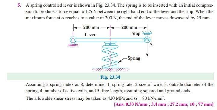 5 A Spring Controlled Lever Is Shown In Fig 23 34 The Spring Is To Be Inserted With An Initial Compres Sion To Produ 1