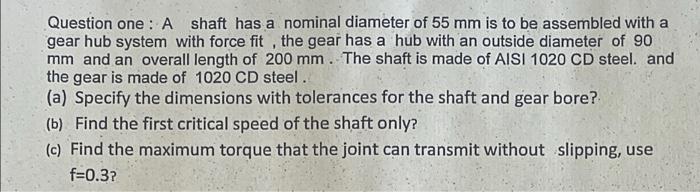 Question One A Shaft Has A Nominal Diameter Of 55 Mm Is To Be Assembled With A Gear Hub System With Force Fit The Gea 1