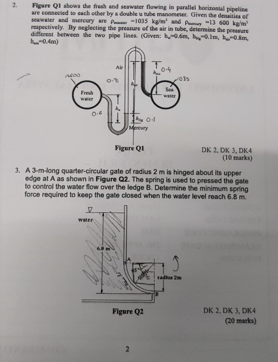 2 Figure Q1 Shows The Fresh And Seawater Flowing In Parallel Horizontal Pipeline Are Connected To Each Other By A Doubl 1