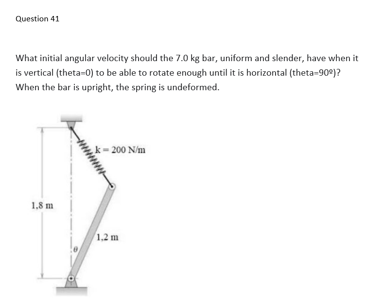 Question 41 What Initial Angular Velocity Should The 7 0 Kg Bar Uniform And Slender Have When It Is Vertical Theta 0 1