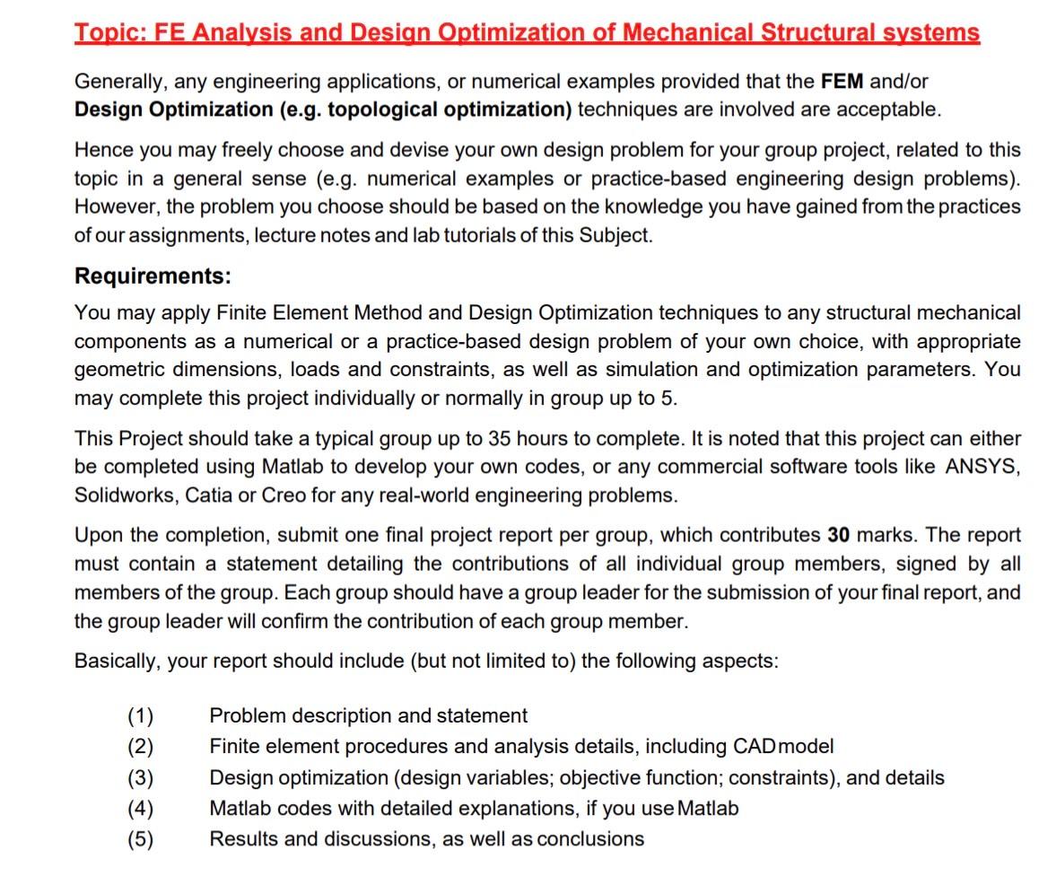 Topic Fe Analysis And Design Optimization Of Mechanical Structural Systems Generally Any Engineering Applications Or 1