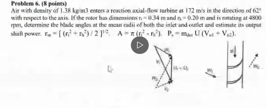 Problem 6 8 Points Air With Density Of 1 38 Kg M3 Enters A Reaction Axial Flow Turbine At 172 M S In The Direction Of 1