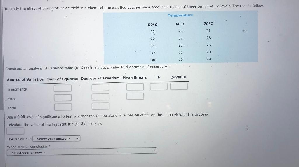 To Study The Effect Of Temperature On Yield In A Chemical Process Five Batches Were Produced At Each Of Three Temperatu 1