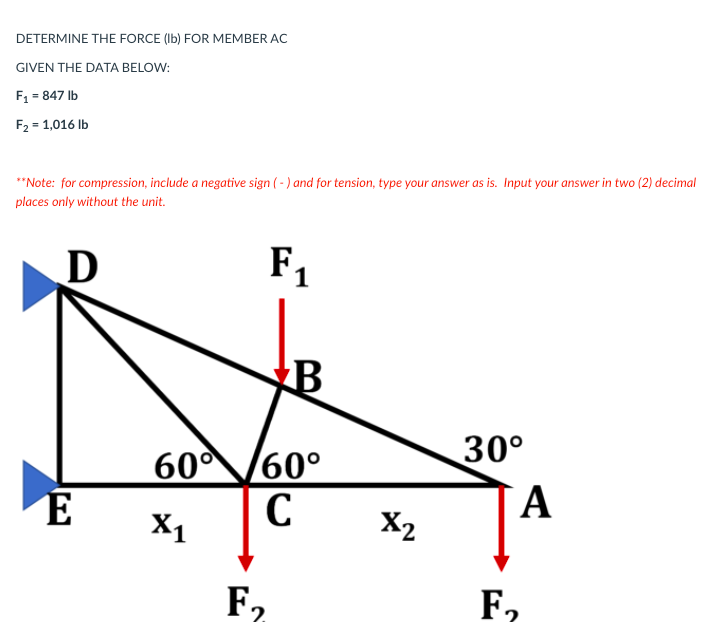 Determine The Force B For Member Ac Given The Data Below F1 847 Lb F2 1 016 Lb Note For Compression Include 1