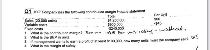 Per Unit 60 45 Q1 Xyz Company Has The Following Contribution Margin Income Statement Total Sales 20 000 Units 1 2 1