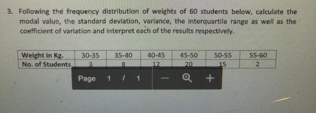 3 Following The Frequency Distribution Of Weights Of 60 Students Below Calculate The Modal Value The Standard Deviati 1