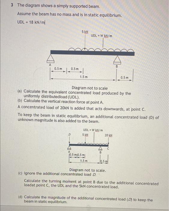 3 The Diagram Shows A Simply Supported Beam Assume The Beam Has No Mass And Is In Static Equilibrium Udl 18 Kn M 5 K 1