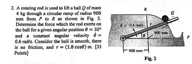R 0 0 6 Rad S 2 A Rotating Rod Is Used To Lift A Ball Q Of Mass 4 Kg Through A Circular Ramp Of Radius 900 Mm From P 1