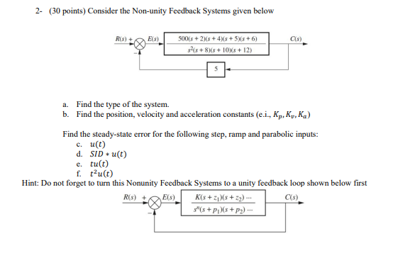 2 30 Points Consider The Non Unity Feedback Systems Given Below Rs Es C S 500 S 2 5 4 5 5 8 6 528 8 1