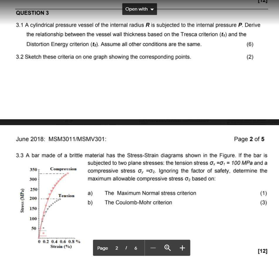 Question 3 Open With 3 1 A Cylindrical Pressure Vessel Of The Internal Radius R Is Subjected To The Internal Pressure P 1