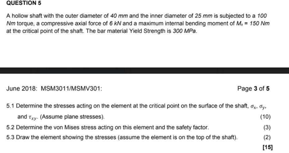 Question 5 A Hollow Shaft With The Outer Diameter Of 40 Mm And The Inner Diameter Of 25 Mm Is Subjected To A 100 Nm Torq 1
