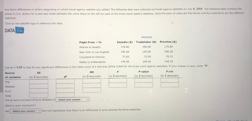 Are There Differences In Airfare Depending On Which Travel Agency Website You Utilize The Following Data Were Collected 1