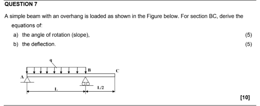 Question 7 A Simple Beam With An Overhang Is Loaded As Shown In The Figure Below For Section Bc Derive The Equations O 1