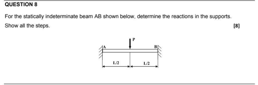 Question 8 For The Statically Indeterminate Beam Ab Shown Below Determine The Reactions In The Supports Show All The S 1