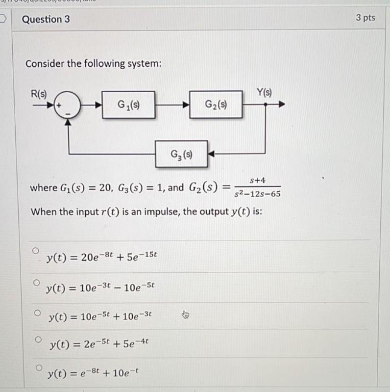 Question 3 3 Pts Consider The Following System R S Y S G S G2 S G3 5 Where G S 20 G3 S 1 And G2 S S 4 1