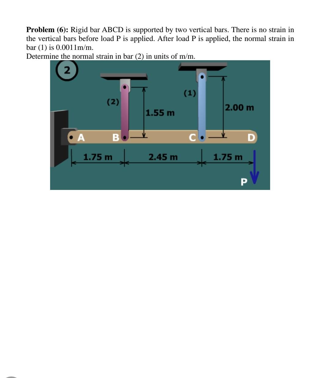 Problem 6 Rigid Bar Abcd Is Supported By Two Vertical Bars There Is No Strain In The Vertical Bars Before Load P Is 1