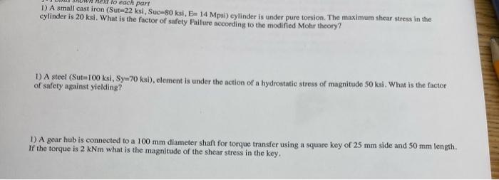 To Each Part D A Small Cast Iron Sut 22 Ksi Suc 80 Ksi E 14 Mpsi Cylinder Is Under Pure Torsion The Maximum Shear 1