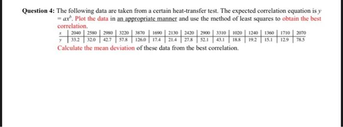Question 4 The Following Data Are Taken From A Certain Heat Transfer Test The Expected Correlation Equation Is Y Ax 2