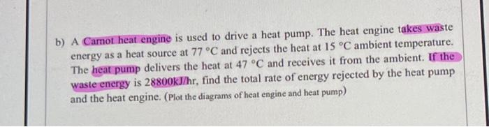 B A Camot Heat Engine Is Used To Drive A Heat Pump The Heat Engine Takes Waste Energy As A Heat Source At 77 C And Re 1